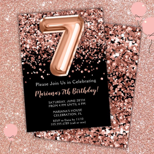 7th Birthday Invitation Black Rose Gold Glitter (Creator Uploaded)