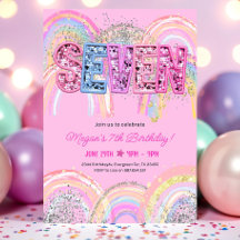 7th Birthday Invitation Girl Editable Rainbow Sequ