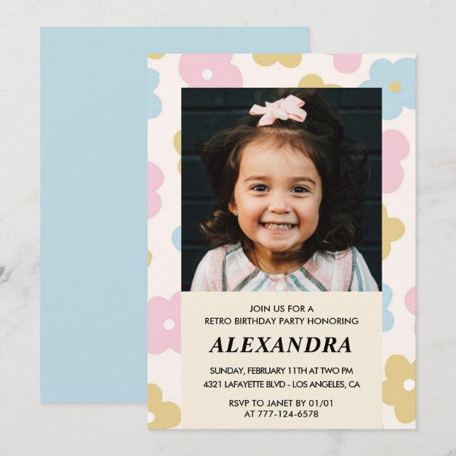 7th birthday invitation Retro Groovy Flowers Cute (Front/Back)