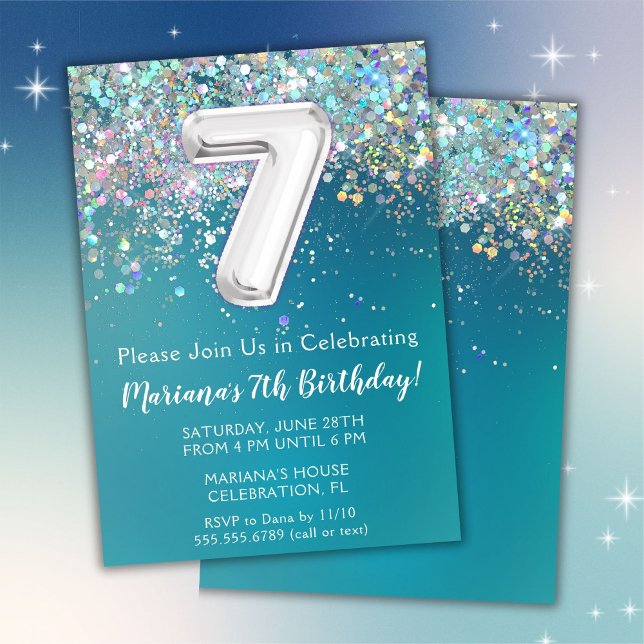 7th Birthday Invitation Teal Silver Glitter (Creator Uploaded)