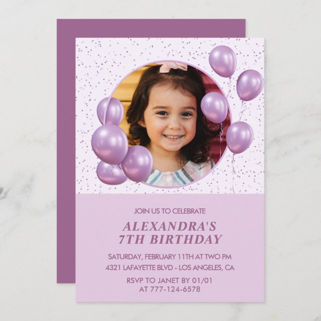 7th birthday invitations Balloons Photo Purple (Front/Back)