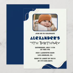7th birthday invitations Boy Navy Simple Photo