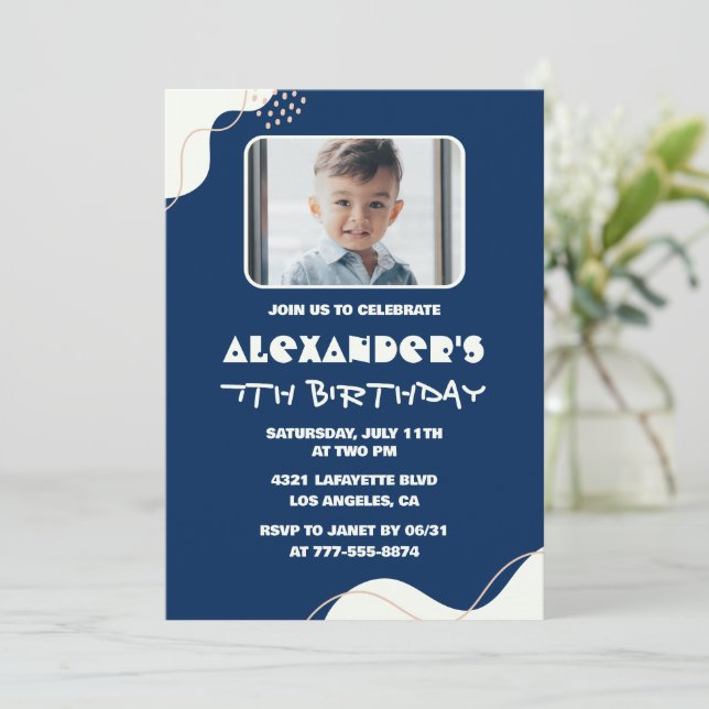 7th birthday invitations Boy Photo Simple Navy  (Standing Front)