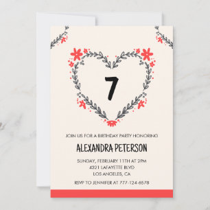 7th birthday invitations for her floral heart