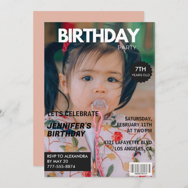 7th birthday invitations Girl Magazine Cover (Front/Back)