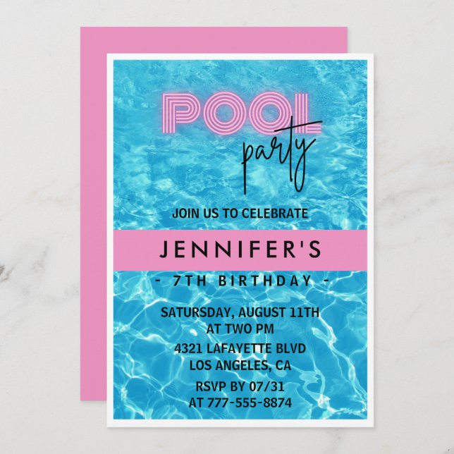 7th birthday invitations Pool Party Summer (Front/Back)