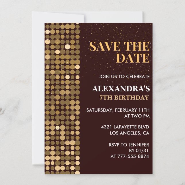 7th birthday invitations Save the date Gold (Front)