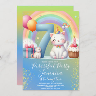 7th Birthday Kitten Rainbow Party Invitation
