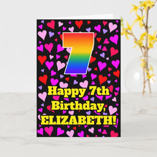 7th Birthday: Loving Hearts Pattern, Rainbow # 7 Card (Yellow Flower)