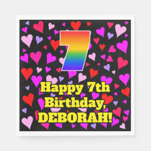 7th Birthday: Loving Hearts Pattern, Rainbow # 7 Napkin