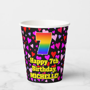 7th Birthday: Loving Hearts Pattern, Rainbow 7 Paper Cups