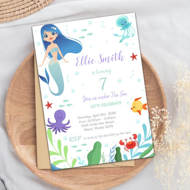 7th Birthday Mermaid Invitation (7th Mermaid Birthday Invitations)