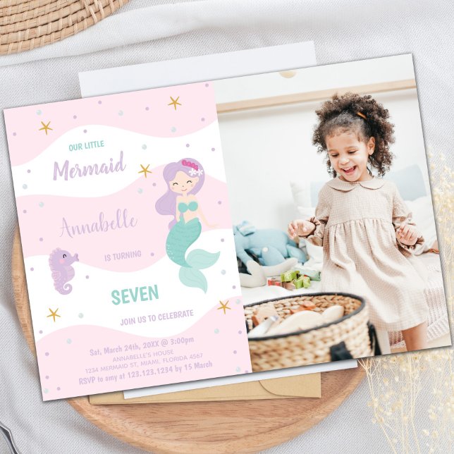 7th Birthday Mermaid Invitation with Photo (Seven Mermaid Birthday Invitations with photo)