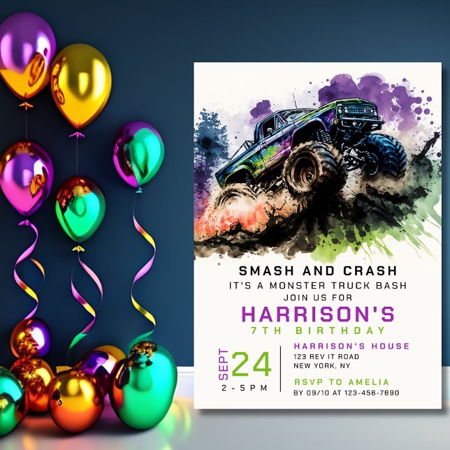 7th Birthday Monster Truck Smash Crash Boy Kids Invitation (Creator Uploaded)