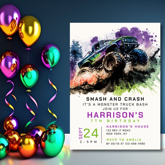 7th Birthday Monster Truck Smash Crash Boy Kids Invitation (Creator Uploaded)