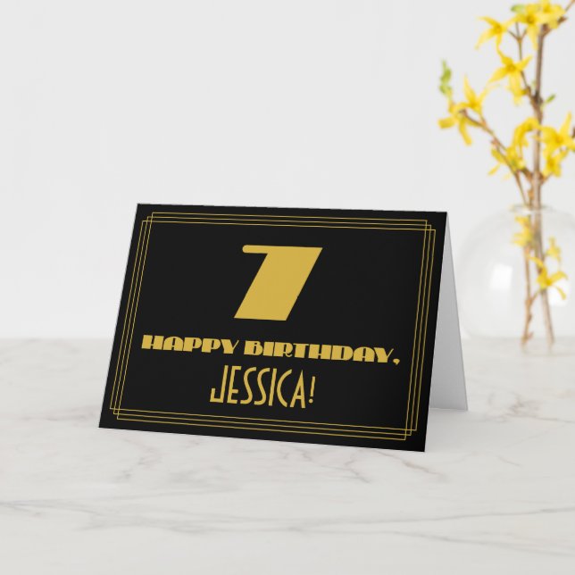 7th Birthday: Name + Art Deco Inspired Look "7" Card (Yellow Flower)