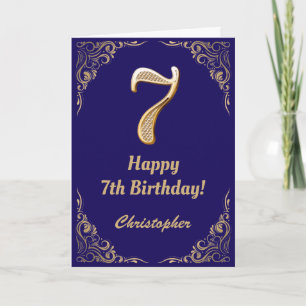 7th Birthday Navy Blue and Gold Glitter Frame Card