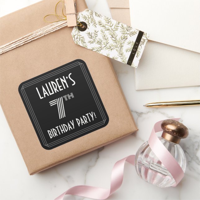 7th Birthday Party: Art Deco Style & Custom Name Square Sticker (Gifting)
