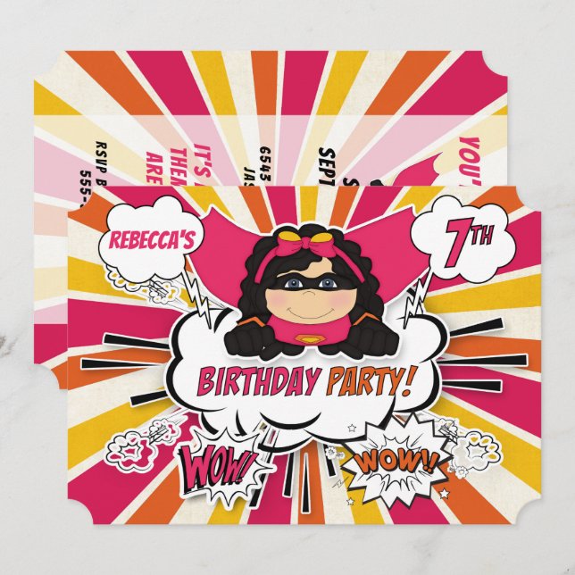 7th Birthday Party Girls Superhero Pink Comic Invi Invitation (Front/Back)