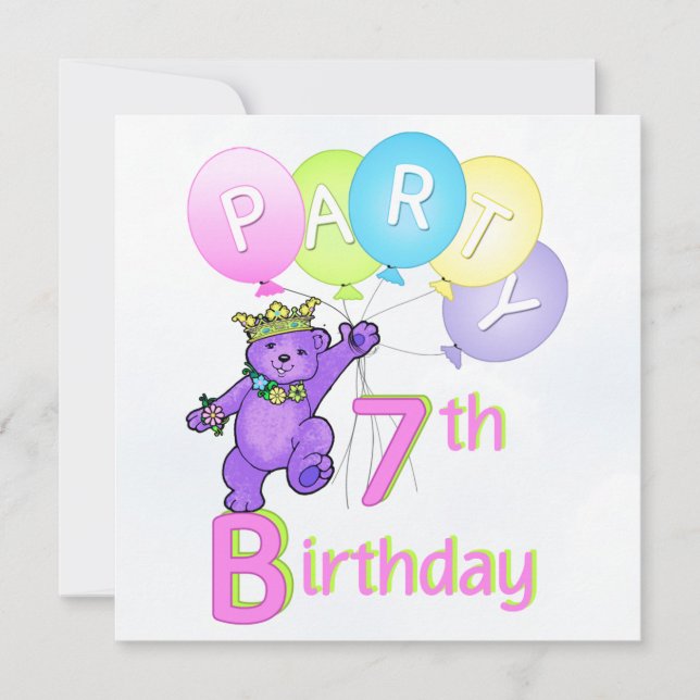 7th Birthday Party Princess Bear Balloons Invitation (Front)