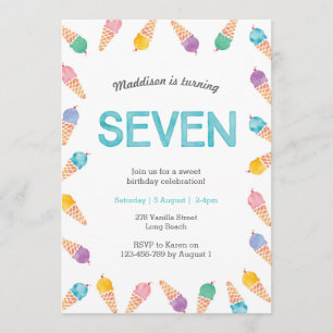 7th Birthday Party   Rainbow Ice cream invitation