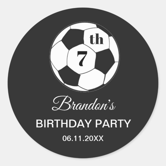 7th Birthday Party Soccer Black Boys Sports Classic Round Sticker (Front)