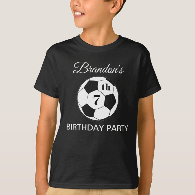 7th Birthday Party Soccer Black Boys Sports T-Shirt (Front)