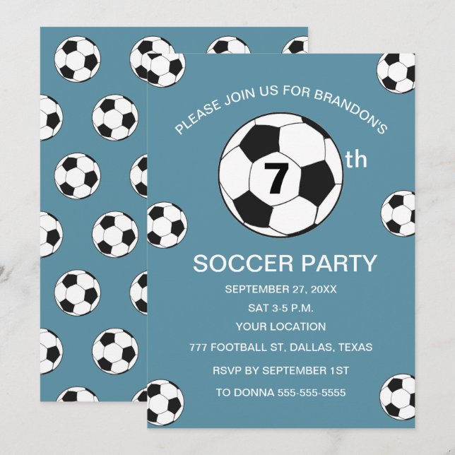 7th Birthday Party Soccer Blue Boys Sports Invitation (Front/Back)