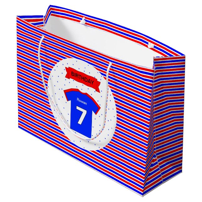 7th birthday personalised red blue large gift bag (Back Angled)