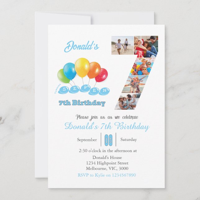 7th birthday photo collage number 7 Boy Invitation (Front)