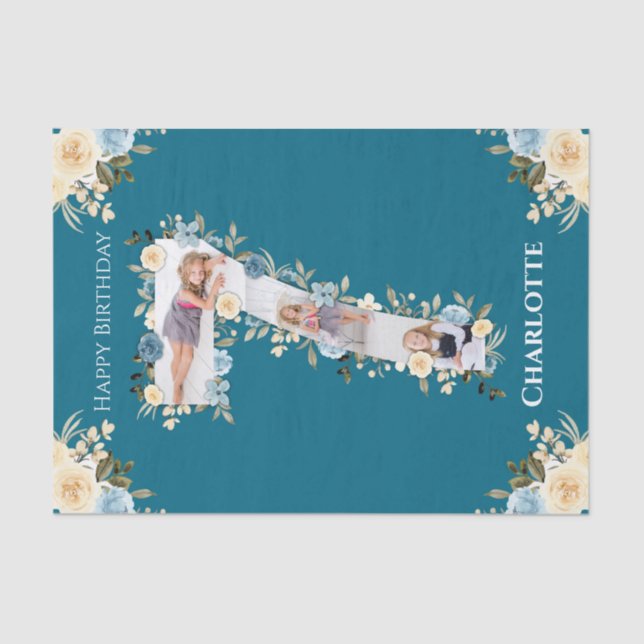 7th Birthday Photo Collage Teal Blue Yellow Flower Tissue Paper (Front)