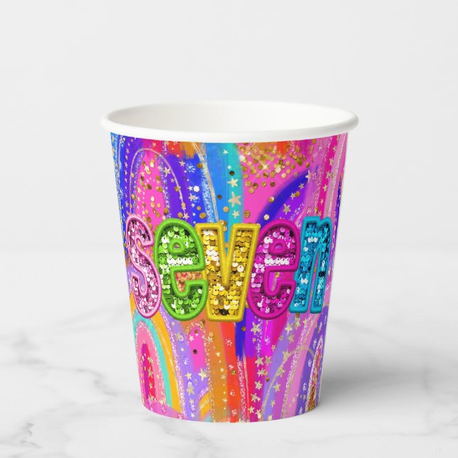 7th Birthday Pink and Gold Rainbow Paper Cups (Back)