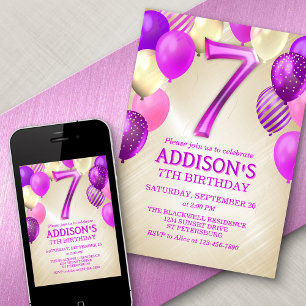 7th Birthday Pink Balloons Invitation