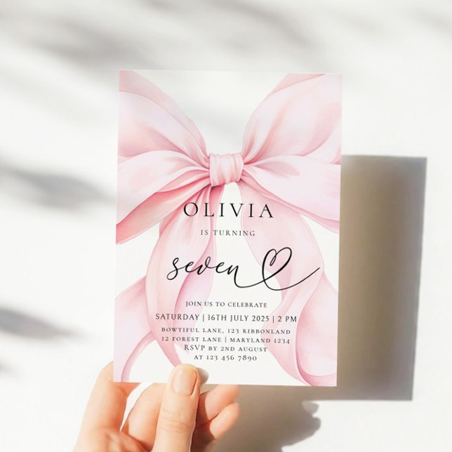 7th Birthday Pink Bow Girl Party Invitation (Creator Uploaded)