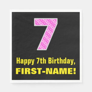 7th Birthday: Pink Stripes and Hearts "7" + Name Napkin