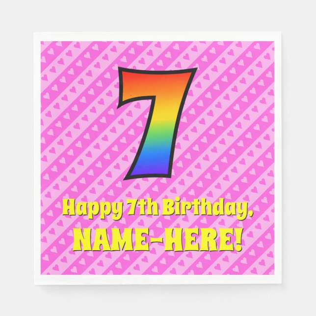 7th Birthday: Pink Stripes & Hearts, Rainbow # 7 Napkin (Front)