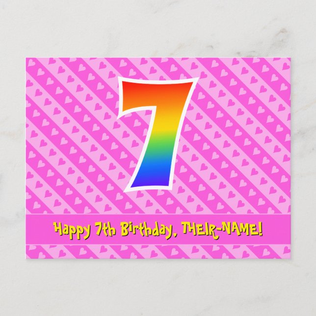 7th Birthday: Pink Stripes & Hearts, Rainbow 7 Postcard (Front)