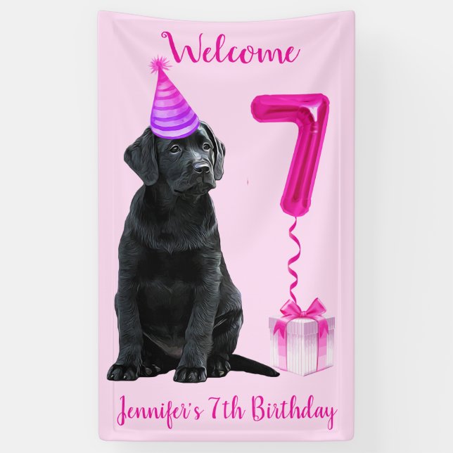 7th Birthday Puppy Theme- Cute Dog Pink Girl Pawty Banner (Vertical)
