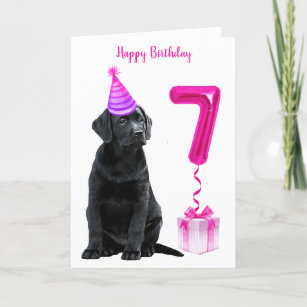 7th Birthday Puppy Theme- Cute Dog Pink Girl Pawty Card