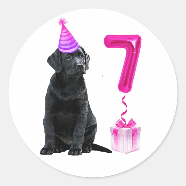 7th Birthday Puppy Theme- Cute Dog Pink Girl Pawty Classic Round Sticker (Front)