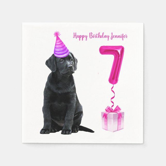 7th Birthday Puppy Theme- Cute Dog Pink Girl Pawty Napkin (Front)