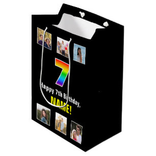 7th Birthday: Rainbow “7“, Custom Photos & Name Medium Gift Bag
