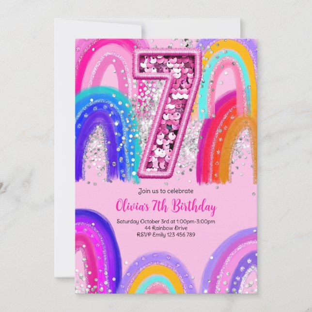 7th Birthday Rainbow Pink Party Invitation (Front)