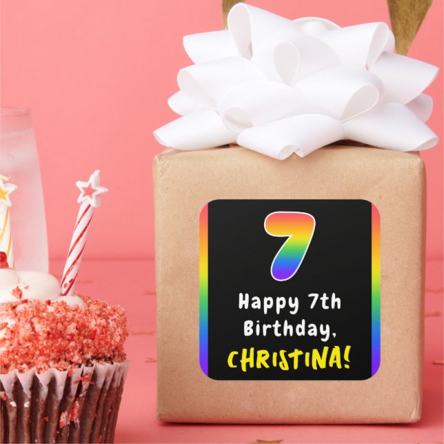 7th Birthday: Rainbow Spectrum # 7, Custom Name Square Sticker (Party)