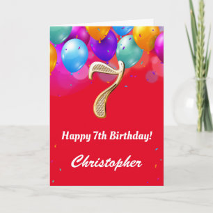 7th Birthday Red and Gold Colourful Balloons Card