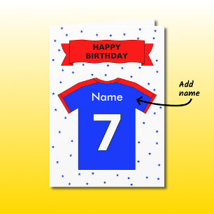 7th birthday red blue sports shirt personalised card
