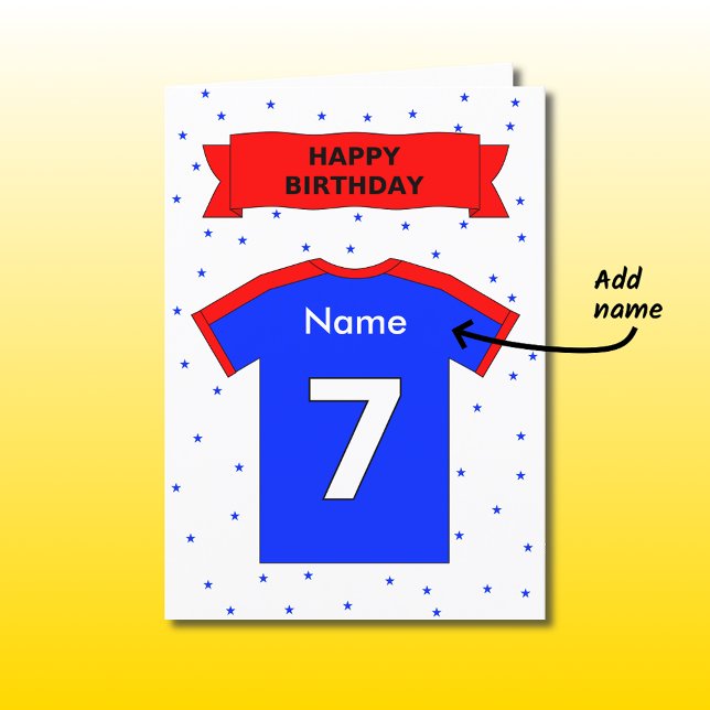 7th birthday red blue sports shirt personalised card (Creator Uploaded)