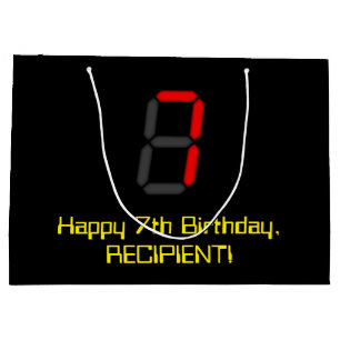 7th Birthday: Red Digital Clock Style "7" + Name Large Gift Bag