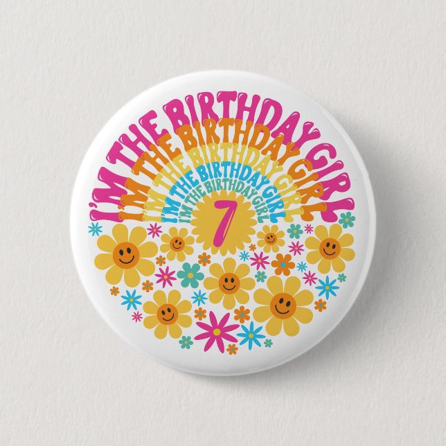 7th Birthday Shirt Cute Flower Seventh Pink 6 Cm Round Badge (Front)