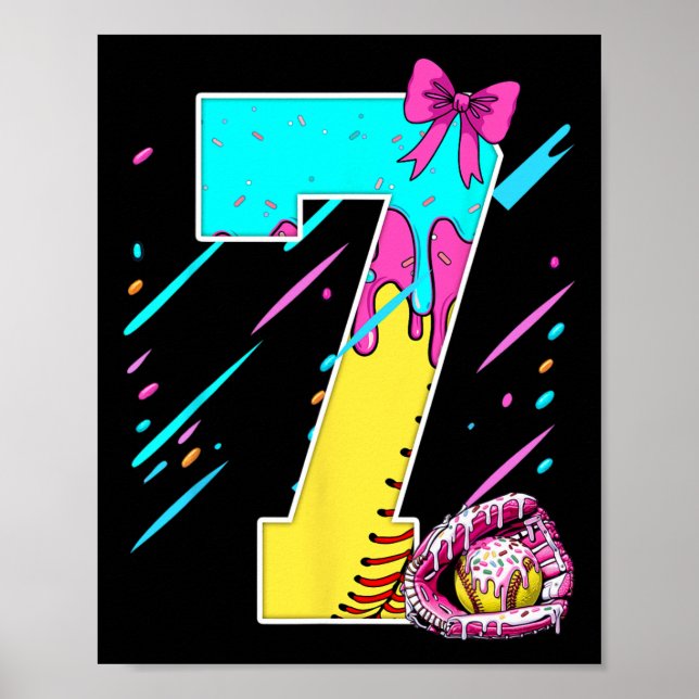 7th Birthday Softll Ice Cream Drip Bow 7 Years Kid Poster (Front)
